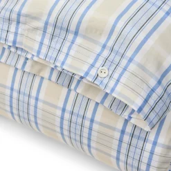 Beige/Blue Checked Cotton Poplin Bed Set, beige/white/blue