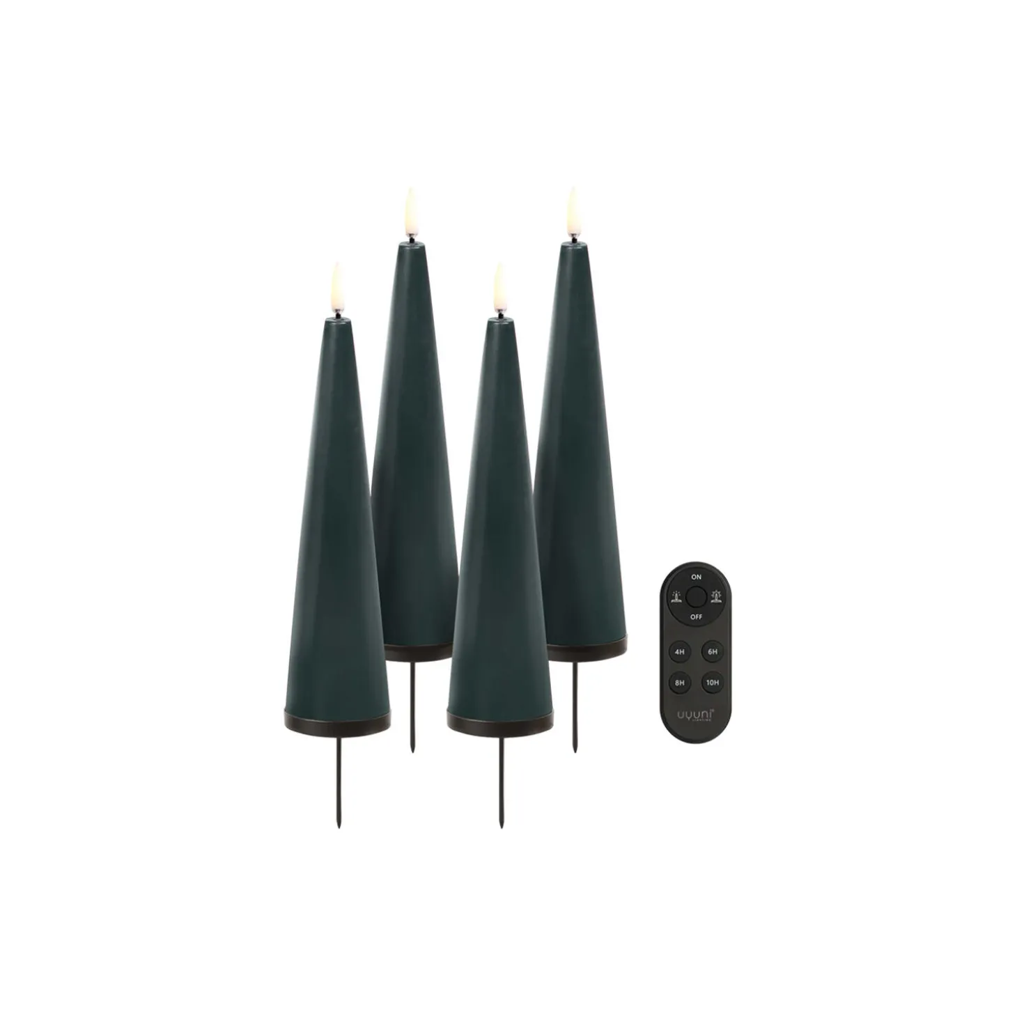 Giftbox w. spike, remote, LED cone candle 4-pack, pine green